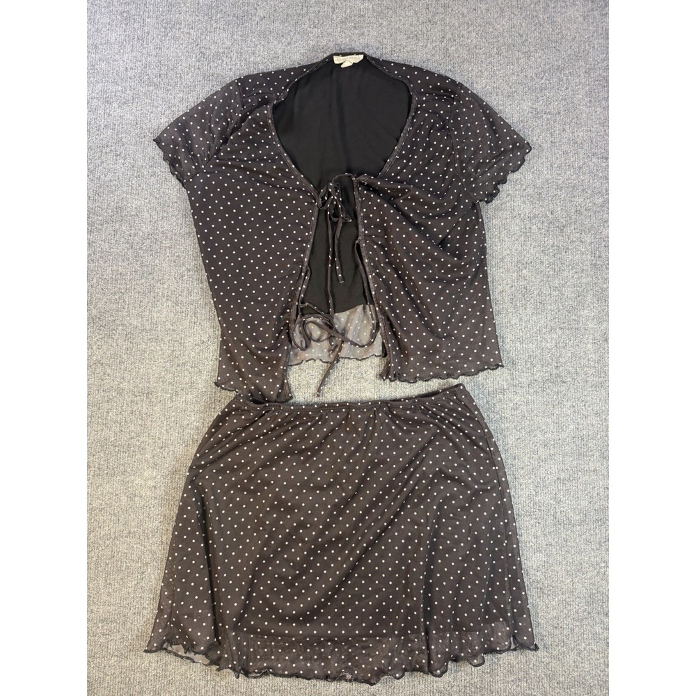 See You Monday Black Polka Dot Mesh 2 Piece Set Women's XL Y2K Ruffle